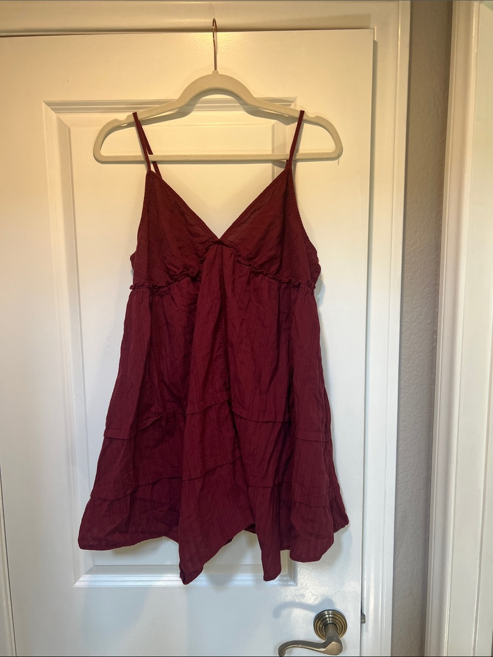 100% Cotton Asymmetrical Babydoll Dress in Deep Burgundy